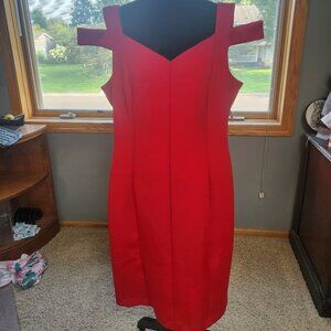 Red off-the-shoulder Calvin Klein cocktail dress,  stretchy scuba material